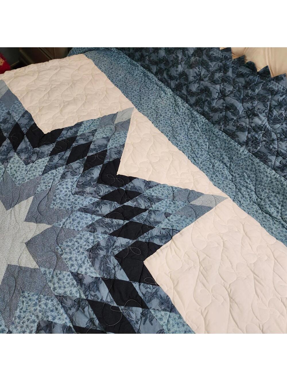 Handmade Blue Lone Star Quilt 104x88 Queen Heirloom Starburst - Picture 3 of 8